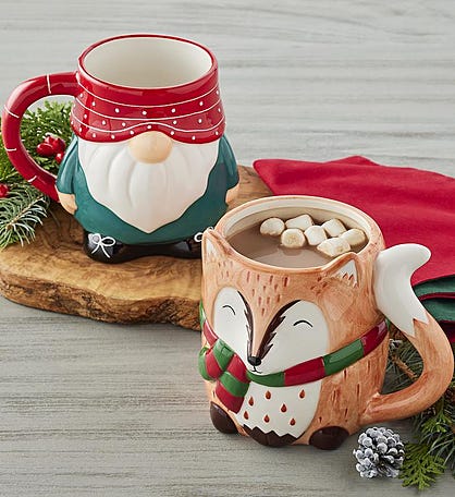 Holiday Festive Fox and Gnome Mug Duo